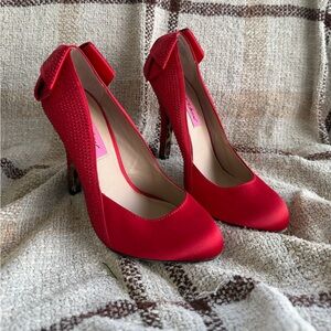 Betsy Johnson Rhinestone Satin Red Pump Heels with Bow Detail
